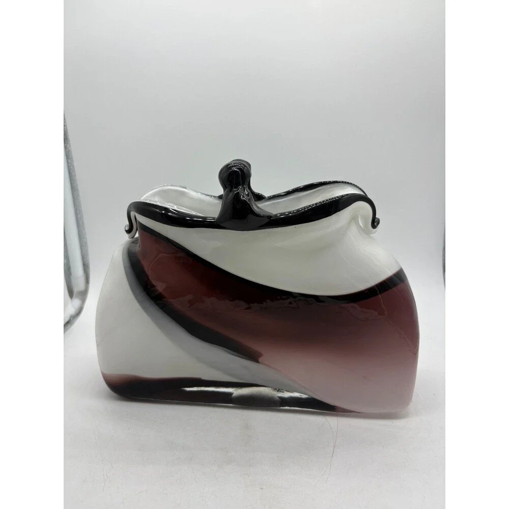 Vintage Murano Style Art Glass Vase White Burgundy Black Hand Blown Purse Pocket